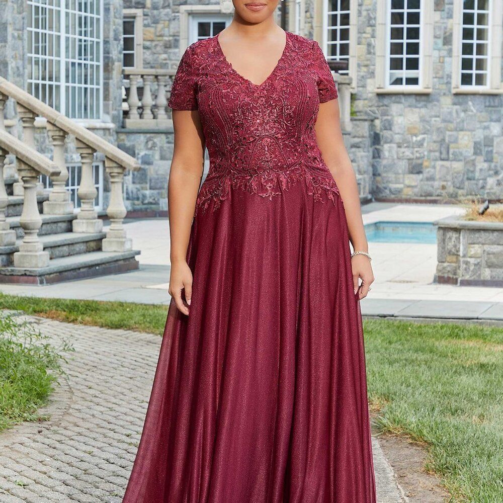 Wine Beaded Embroidered Short Sleeve Mother of the Bride Gown MGNY 72116